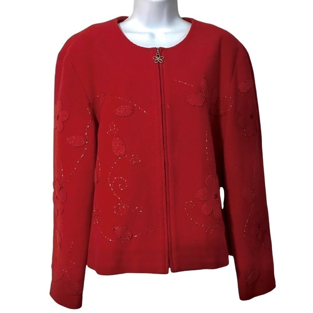 Vintage Red Floral Felted Appliqué Blazer Jacket Sz 12 Beaded Holidays